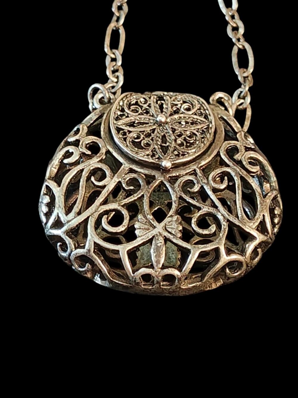 Vintage Silver Tone Filigree Miniature Keepsake Purse Pendant 24" Long Necklace